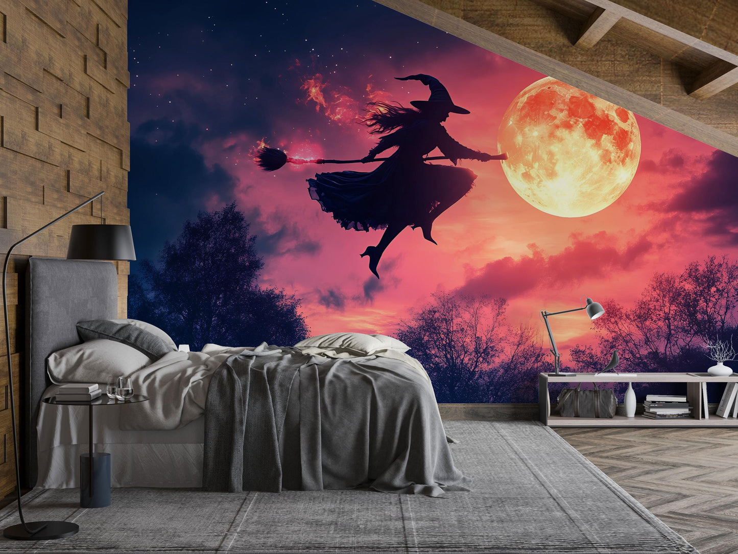 Witch Flying Over Full Moon Wall Mural – Magical Halloween Night Sky Vn805