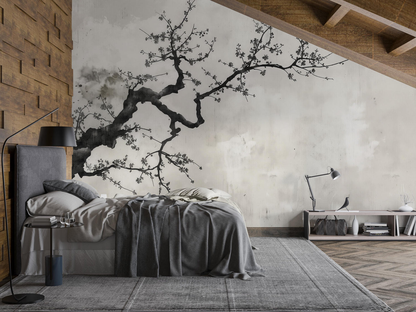 Japandi Cherry Blossom Wall Mural | Minimalist Nature Wallpaper Vn1041