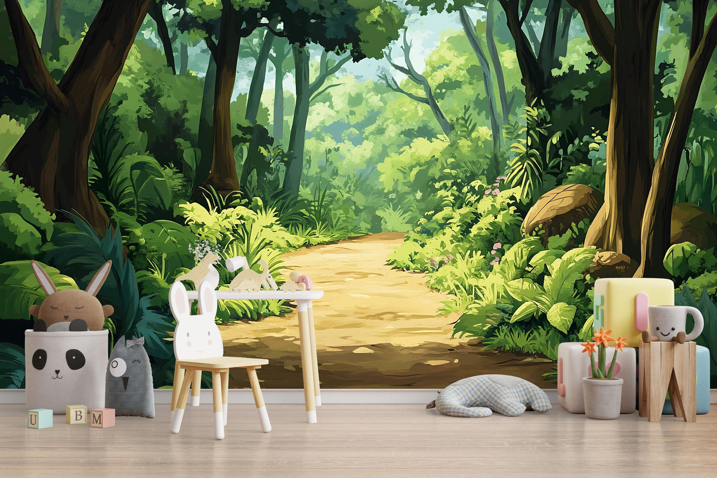 Forest Wall Mural for Kids Room – Jungle Woodland Theme Wallpaper – Nature Nursery Wall Art – Playroom Decor Vn622