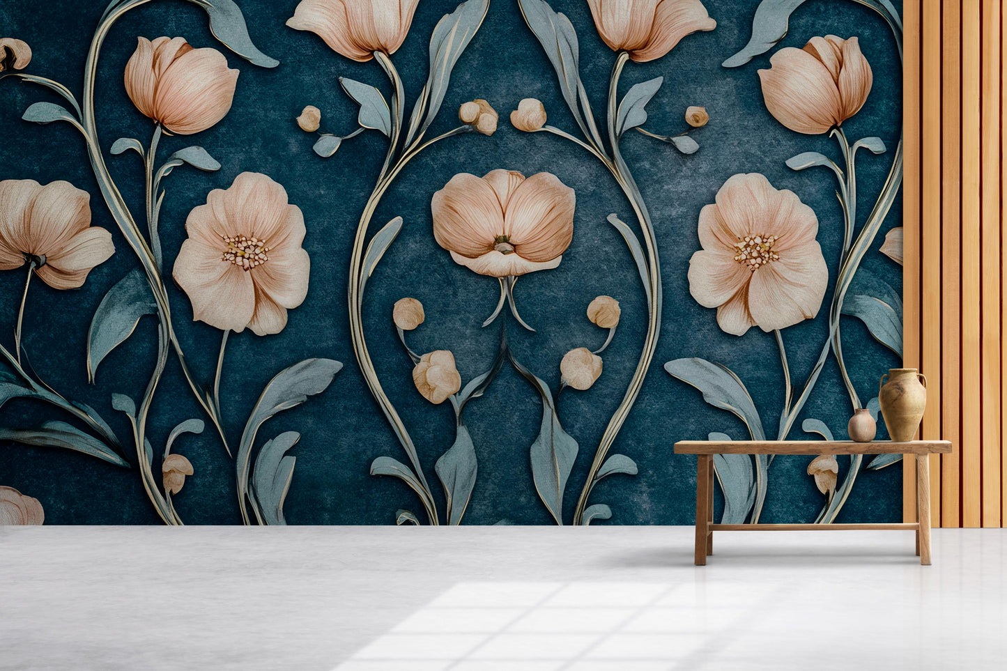 Elegant 3D Floral Wall Mural | Peach Flowers on Navy Background | Modern Botanical Wallpaper Vn753