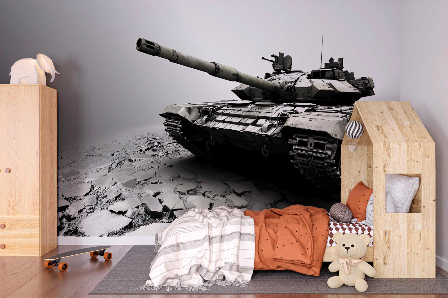 Modern Tank Wall Mural – Military Tank Wallpaper for Boys Room, Teen Bedroom Decor, Realistic War Vehicle Art for Wall Vn454