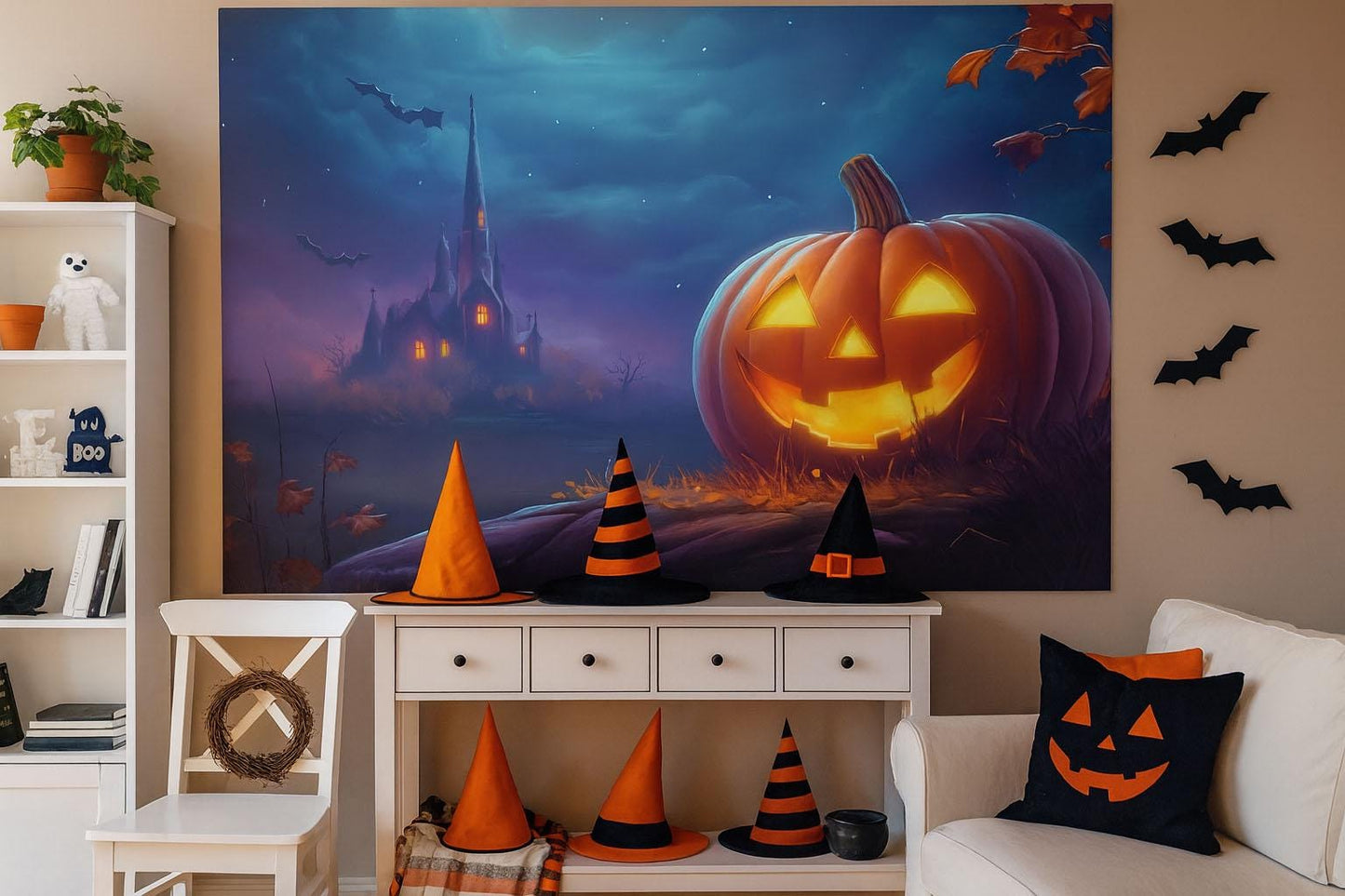 Haunted House & Jack-O’-Lantern Halloween Wall Mural – Spooky Night Scene Vn814