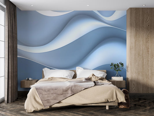 Modern Blue Wave Wall Art Mural | 3D Abstract Ocean-Inspired Wallpaper | Contemporary Living Room Decor | Removable Peel & Stick Vn228