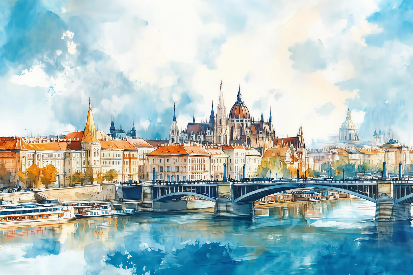 Budapest Parliament Wall Mural – Hungary Watercolor Cityscape Wallpaper Vn937