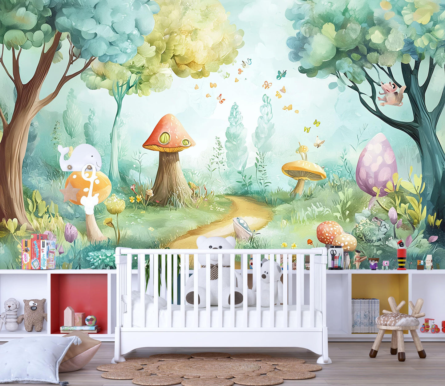 Whimsical Forest Wall Mural for Kids Room – Magical Mushroom & Animal Wallpaper Vn617