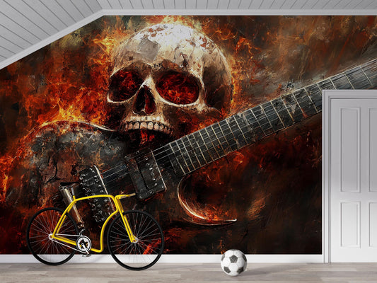 Skull & Guitar Fire Wall Mural – Heavy Metal Rock Bedroom Art Decor Vn719