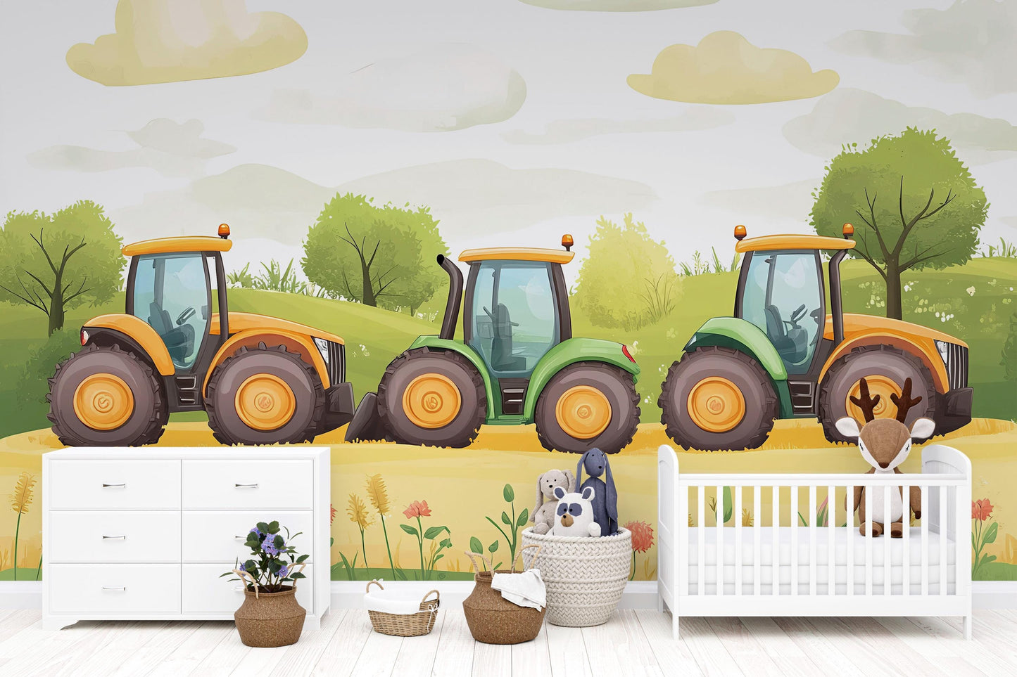 Tractor Wall Mural for Kids Room – Farm Theme Boys Bedroom Wallpaper – Cartoon Tractors Nursery Wall Art – Playroom Decor Vn627