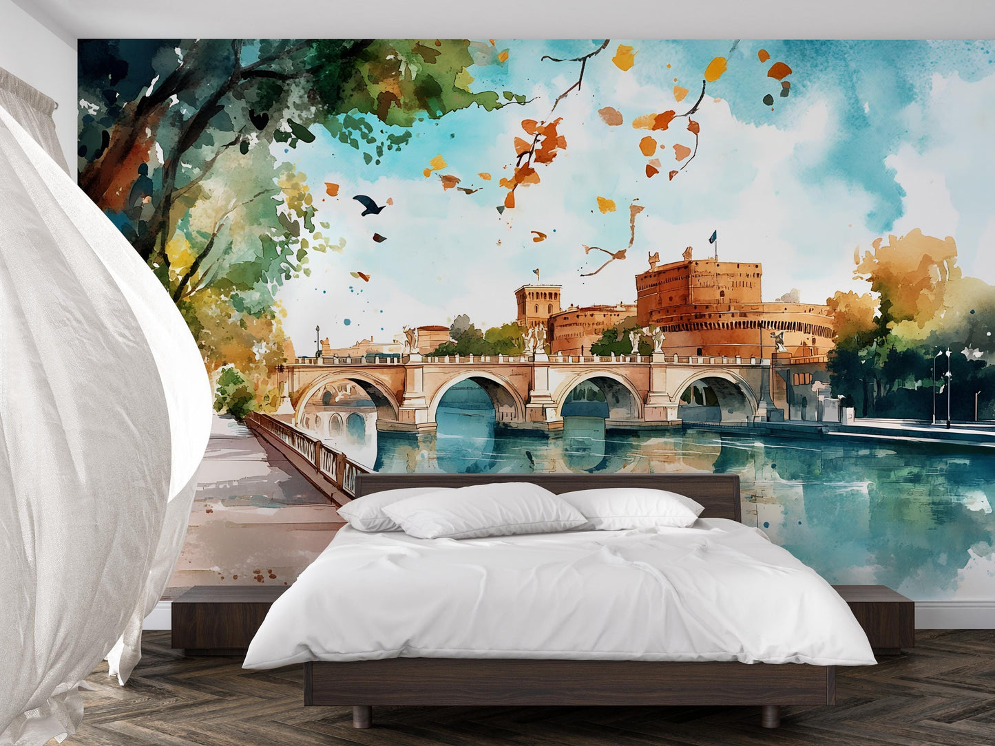 Rome Castel Sant’Angelo Wall Mural – Watercolor Italy Bridge & River Wallpaper Vn923