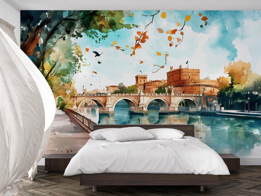 Rome Castel Sant’Angelo Wall Mural – Watercolor Italy Bridge & River Wallpaper Vn923