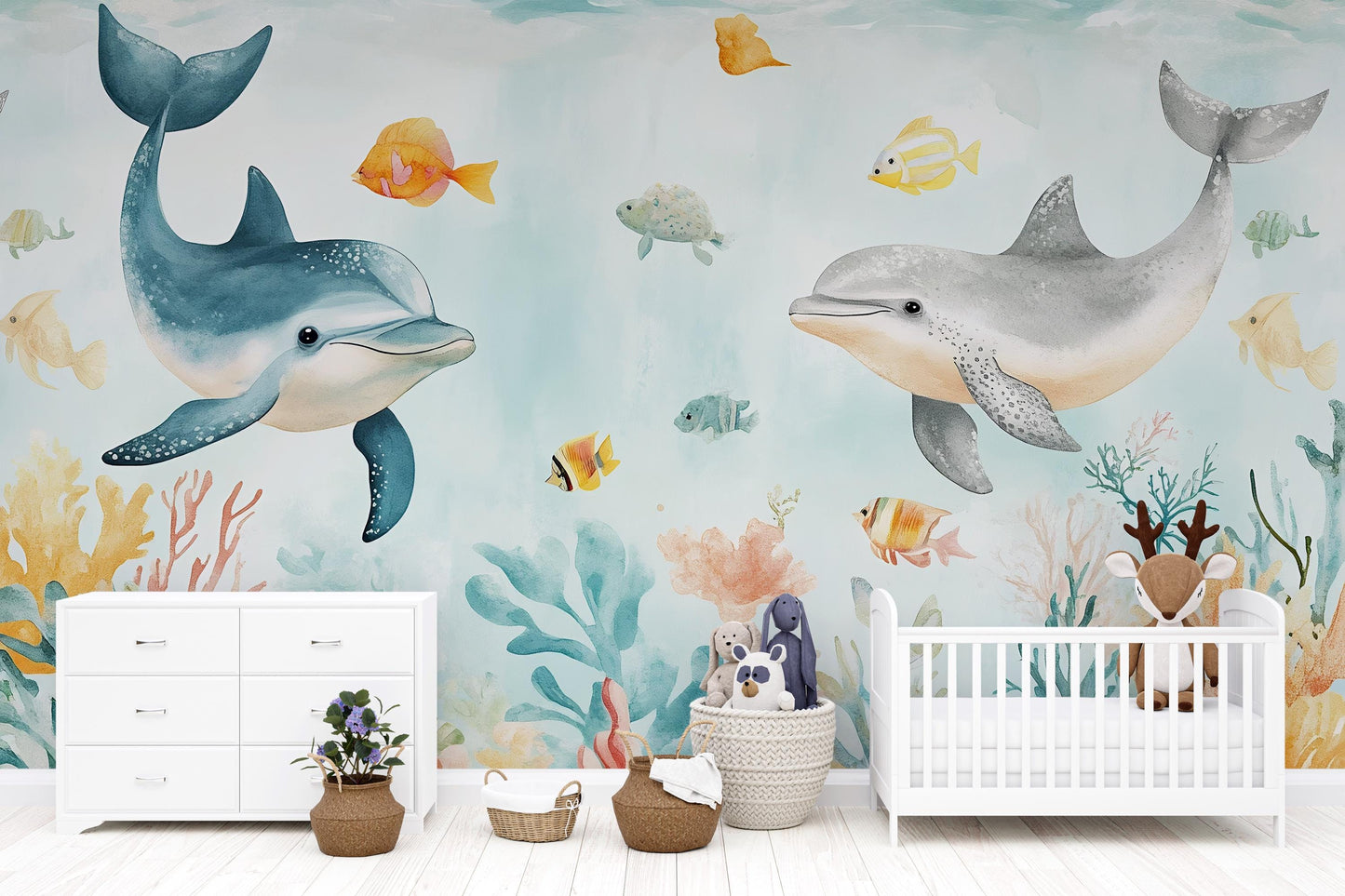 Dolphin Wall Mural – Ocean Nursery Wallpaper with Coral Reef & Colorful Fish Vn989