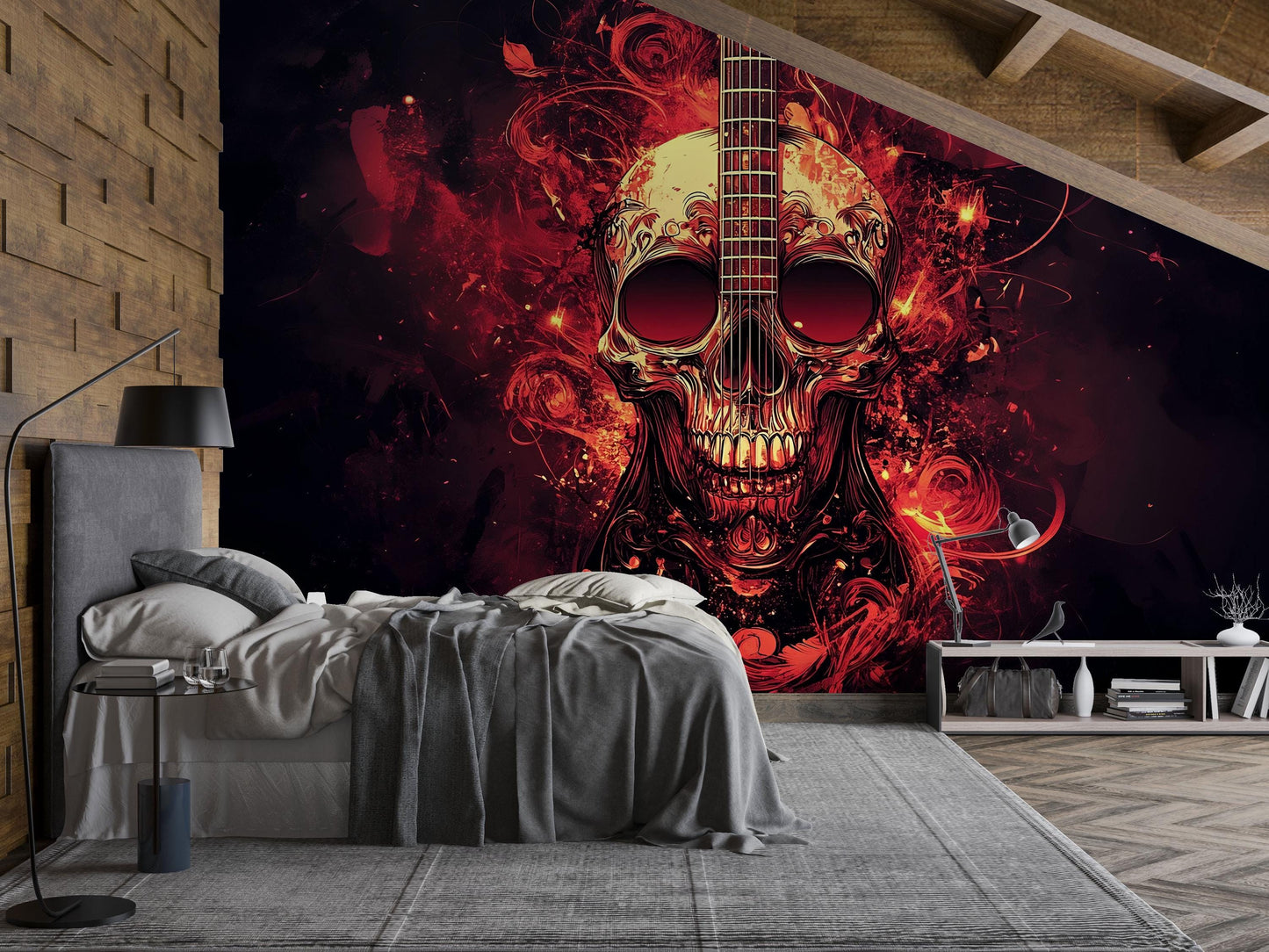 Skull Guitar Wall Mural | Rock Music Bedroom Decor | Gothic Fire Skull Art Wallpaper | Cool Musician Wall Art Vn720