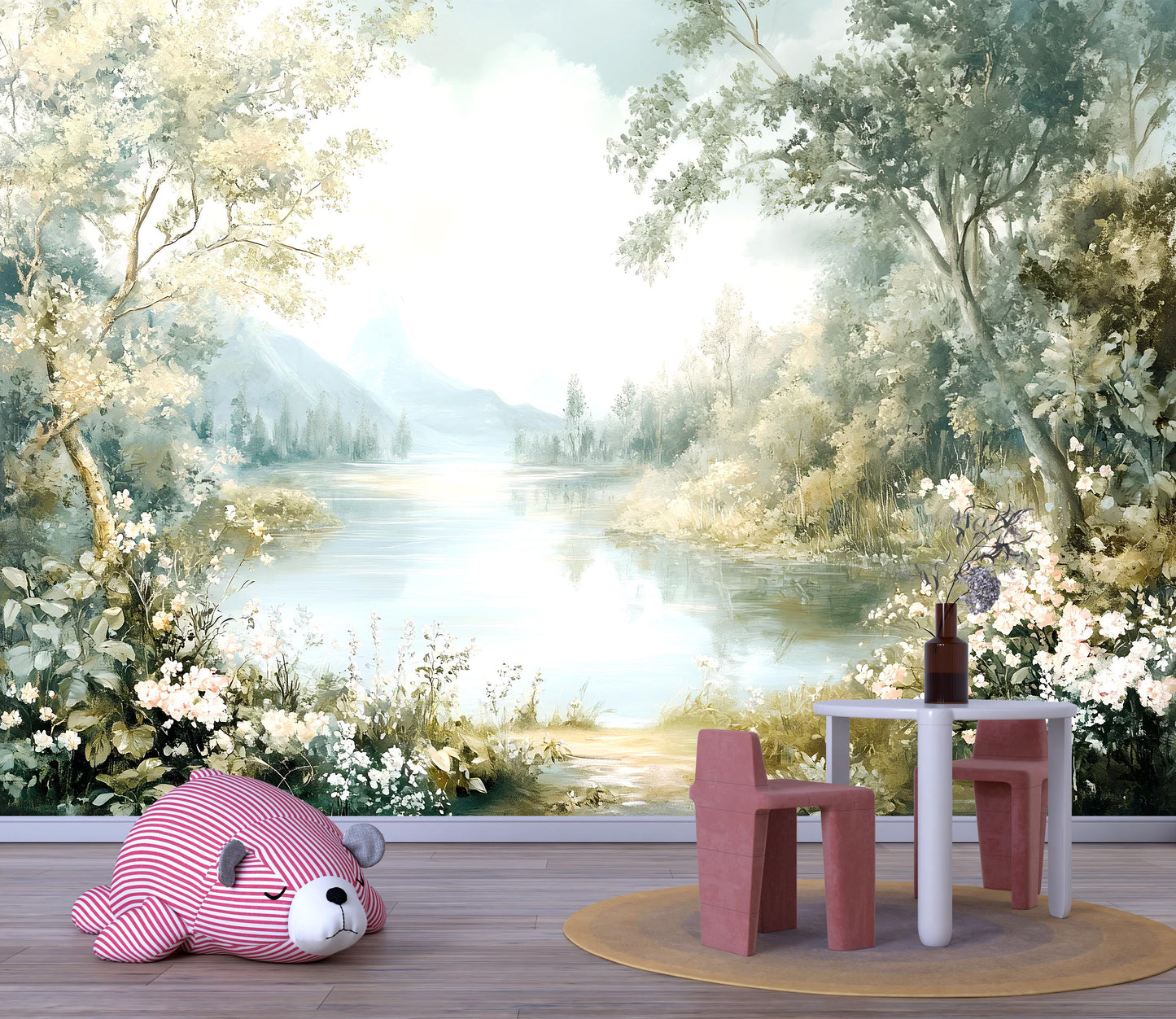 Floral Lake Wall Mural – Nature Landscape Wallpaper for Kids Room Vn973