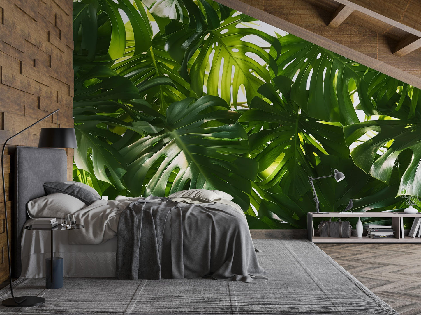 Tropical Leaf Wall Mural – Monstera Jungle Wallpaper, Botanical Greenery Accent Wall Decor for Bedroom or Living Room Vn1062