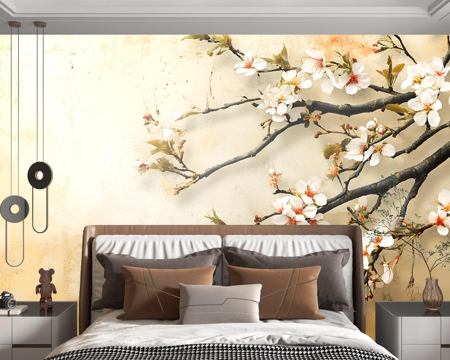 Cherry Blossom Wall Mural – Japanese Floral Branch Wallpaper for Bedroom Decor, Elegant Nature-Inspired Accent Wall Art Vn489