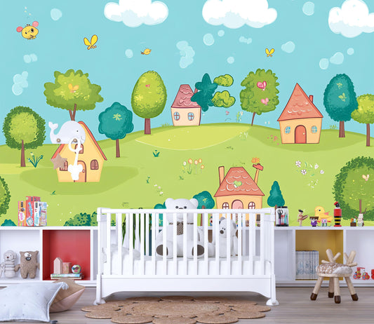 Whimsical Kids Wall Mural – Colorful Cartoon Village Landscape Wallpaper – Playroom Nursery Decor Vn620