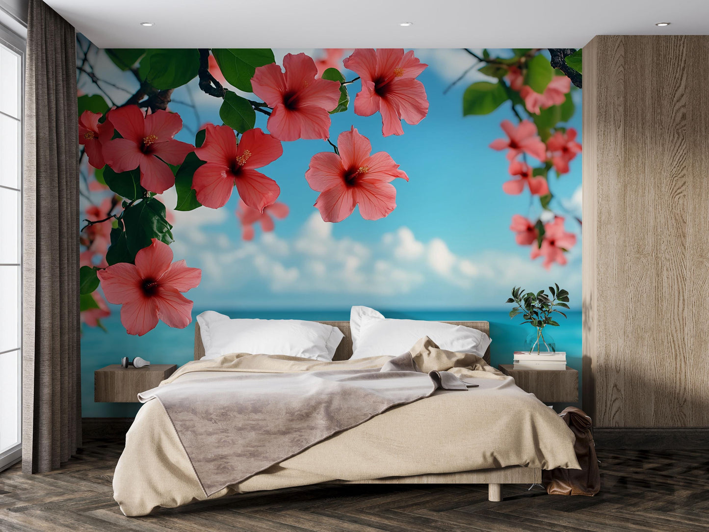 Tropical Hibiscus Flower Wall Mural – Ocean View Bedroom Wallpaper – Large Botanical Floral Peel and Stick Wall Art Vn648