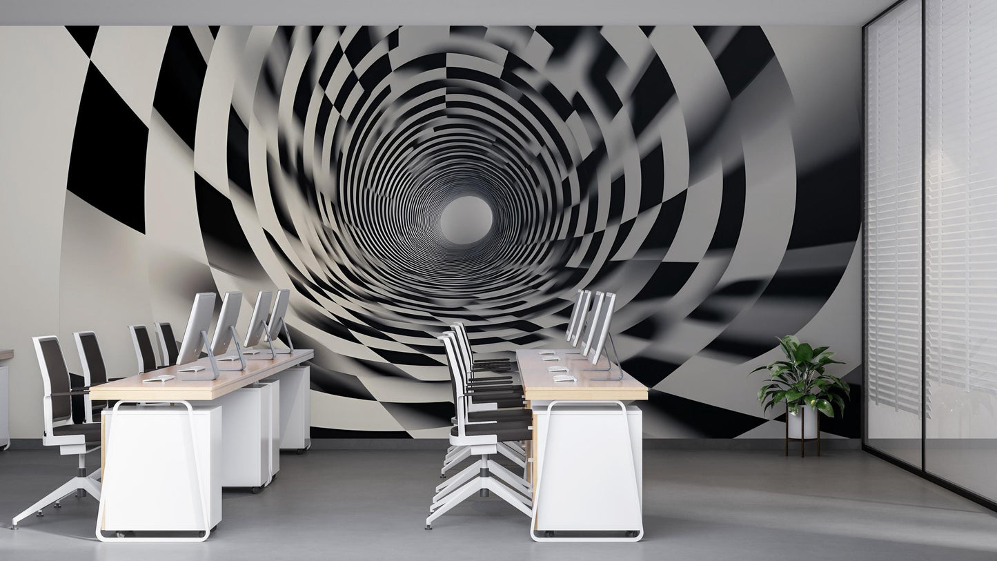 Black and White 3D Tunnel Wall Mural – Optical Illusion Modern Office Wallpaper Vn916