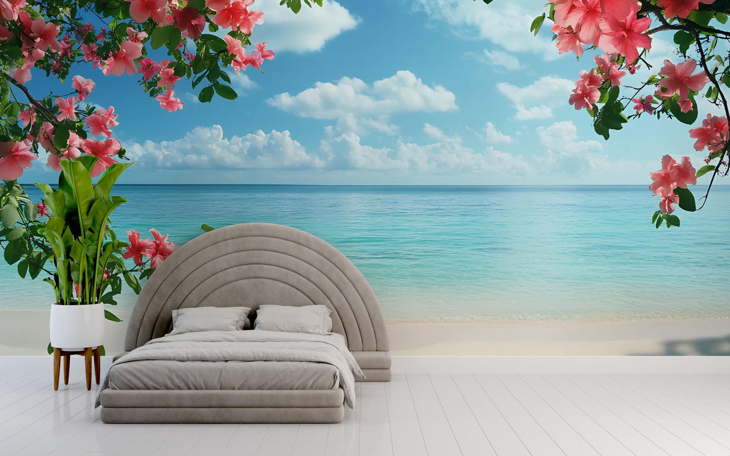 Ocean View Bedroom Wall Mural – Tropical Hibiscus Flower Wallpaper, Tranquil Beach Scene Decor, Removable Peel & Stick Vn650