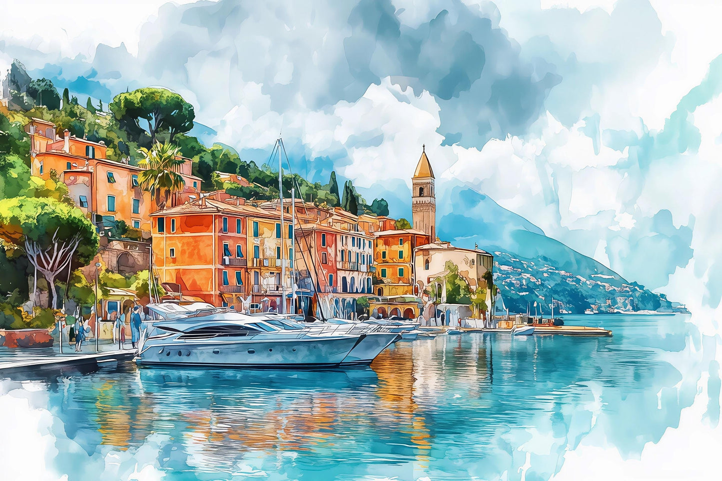 Italian Riviera Wall Mural – Watercolor Mediterranean Coast Wallpaper Vn926