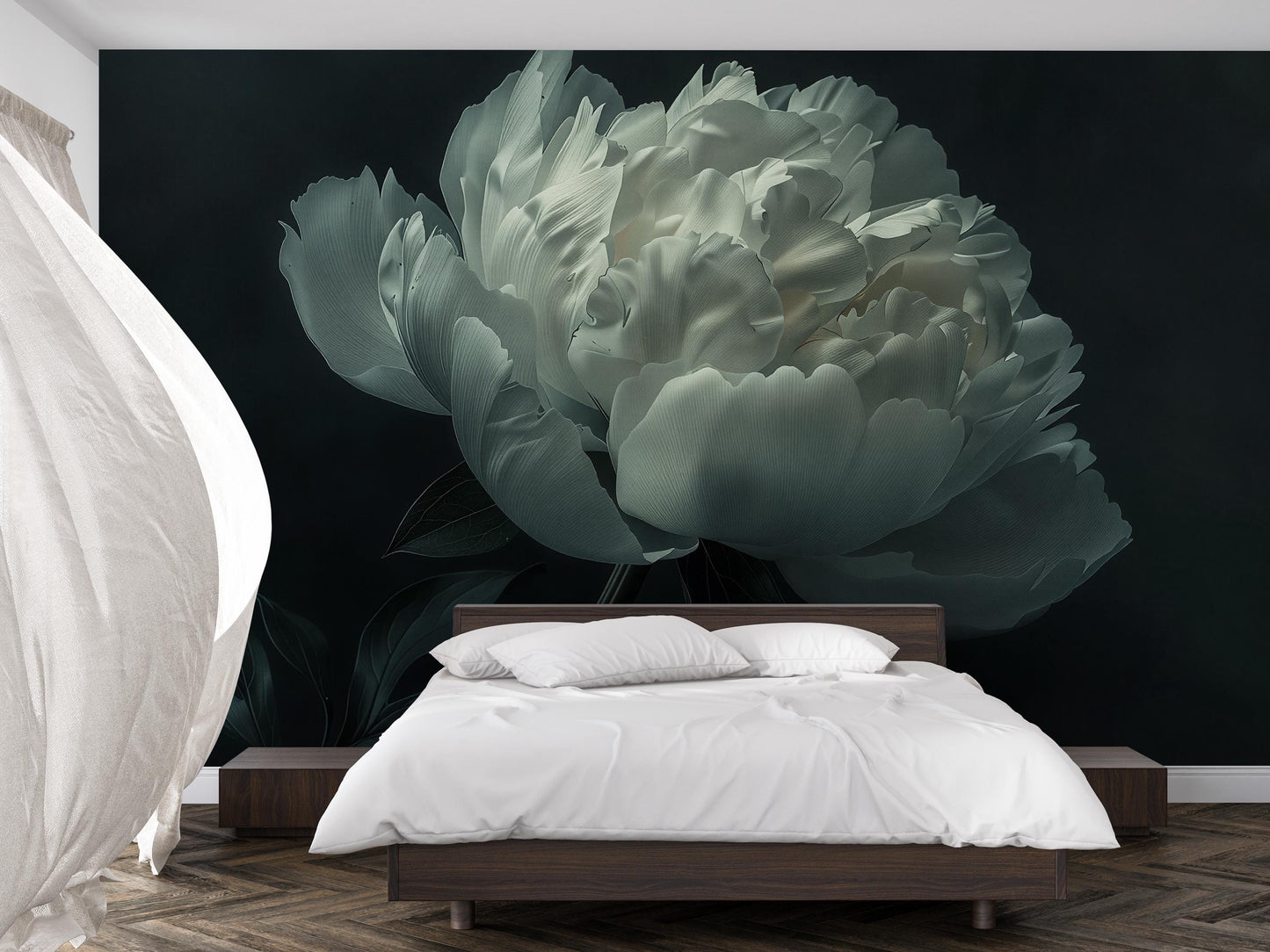 White Peony Wall Mural – Oversized Floral Wallpaper for Bedroom Accent Wall Vn1049