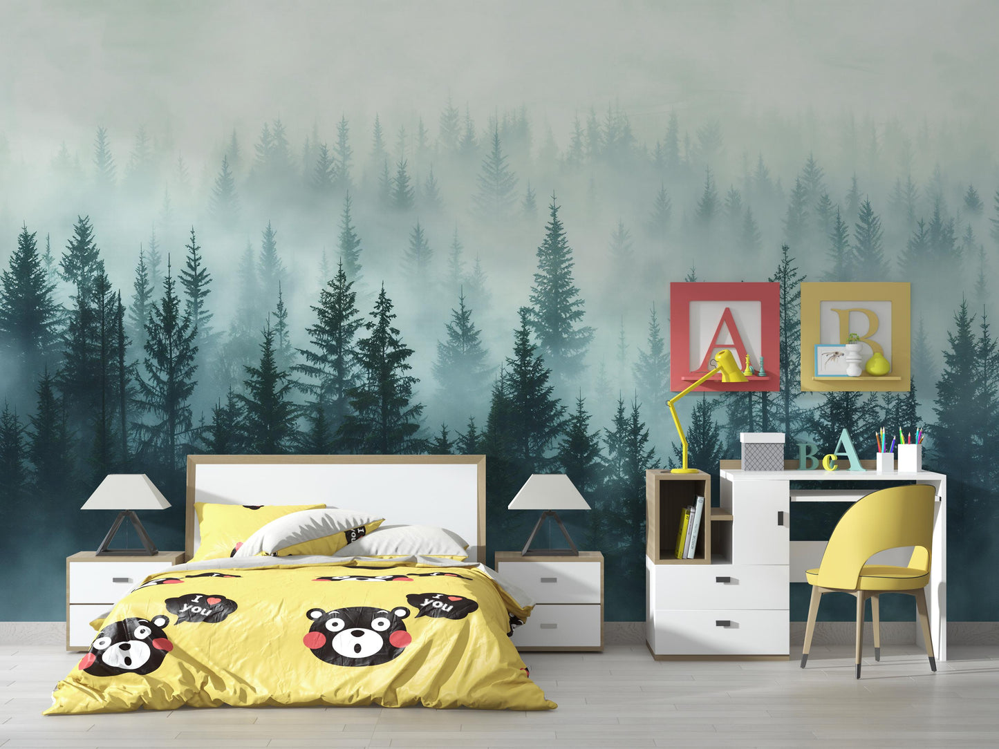 Misty Forest Wall Mural – Foggy Woodland Pine Tree Wallpaper, Nature Landscape Accent Wall Decor for Bedroom or Kids Room Vn1075
