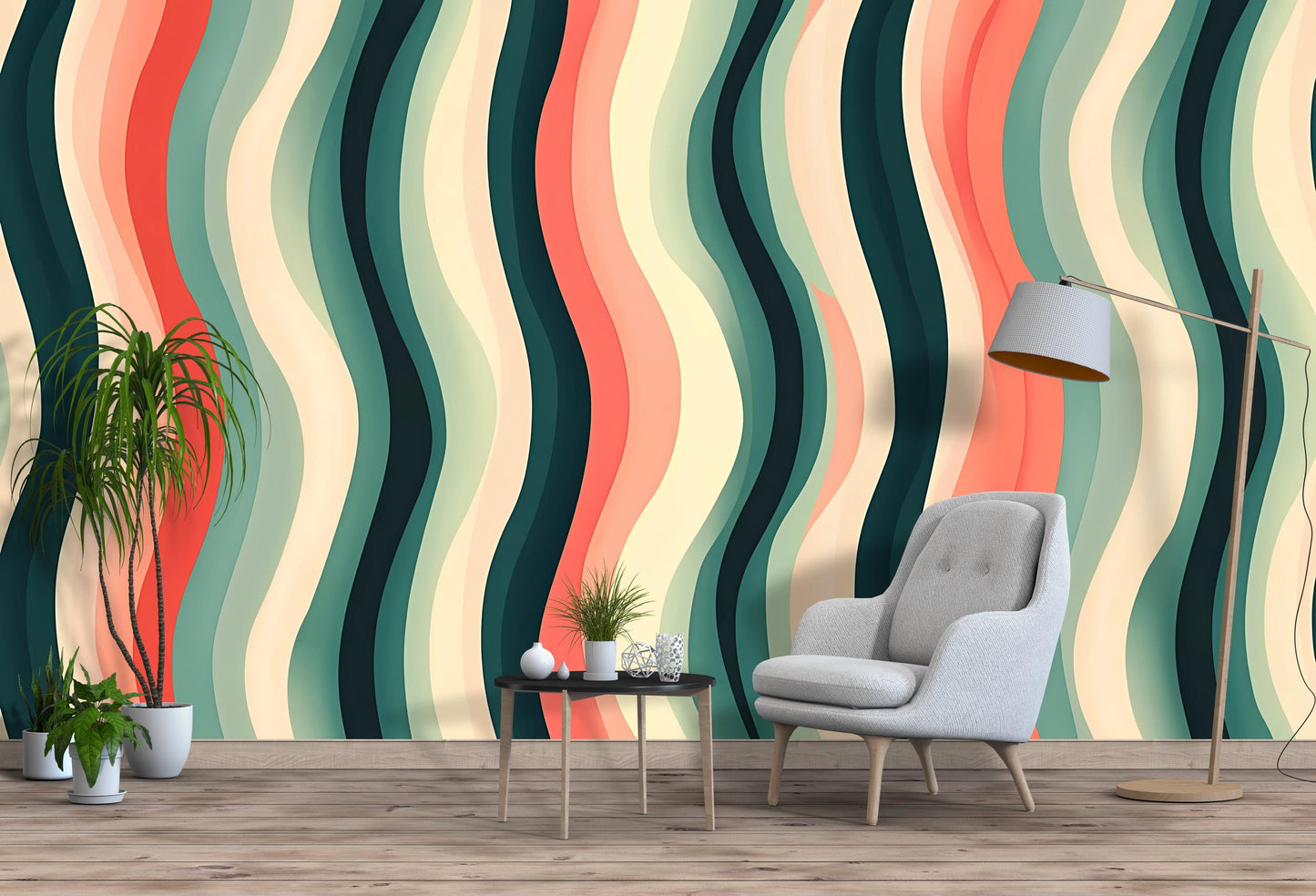 Retro Wavy Stripes Wallpaper – Funky Mid Century Modern Wall Mural Vn1022