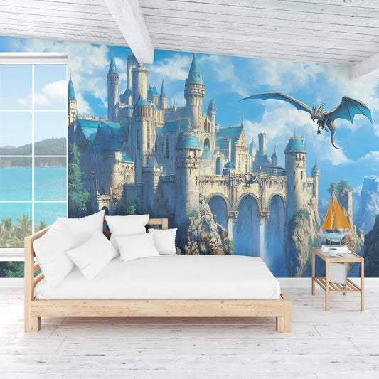 Fantasy Castle Nursery Wall Mural – Dragon & Castle Baby Room Art, Fairytale Themed Wallpaper for Kids Room or Nursery Decor Vn027