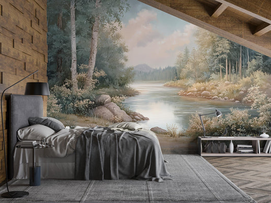 Forest River Wall Mural – Nature Landscape Wallpaper for Living Room & Bedroom Vn974