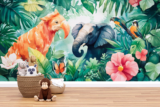 Jungle Safari Animal Wall Mural for Kids Room – Watercolor Elephant Parrot Decor Vn341