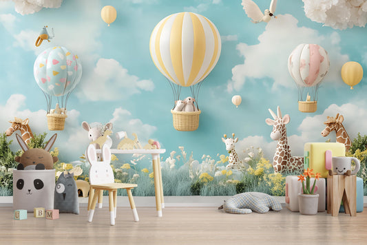Hot Air Balloon Nursery Wall Mural – Animal Baby Room Wallpaper – Gender Neutral Kids Decor – Safari Theme Sky Wall Art Vn375