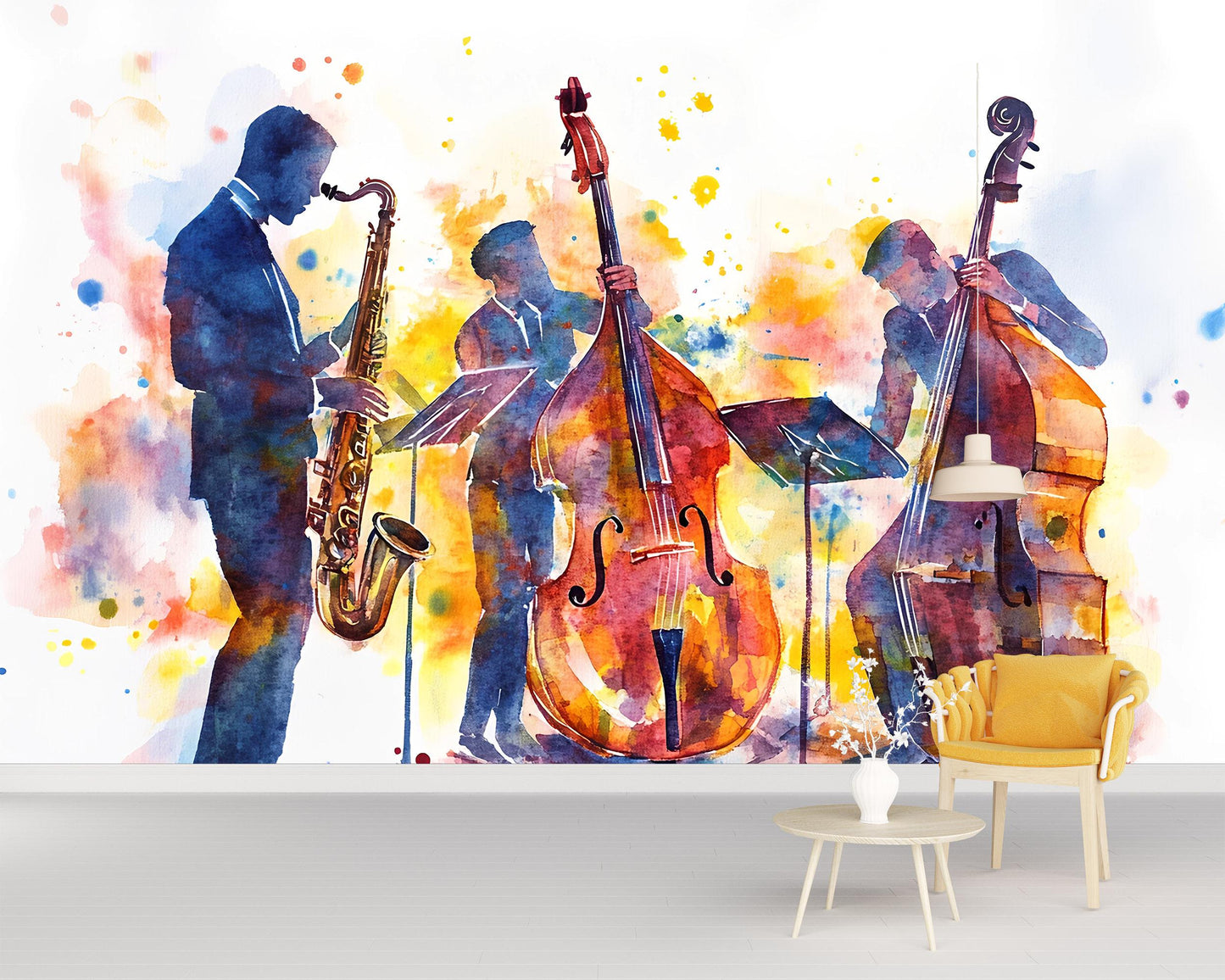 Jazz Band Wall Mural | Watercolor Music Art | Saxophone & Bass Silhouette Vn523
