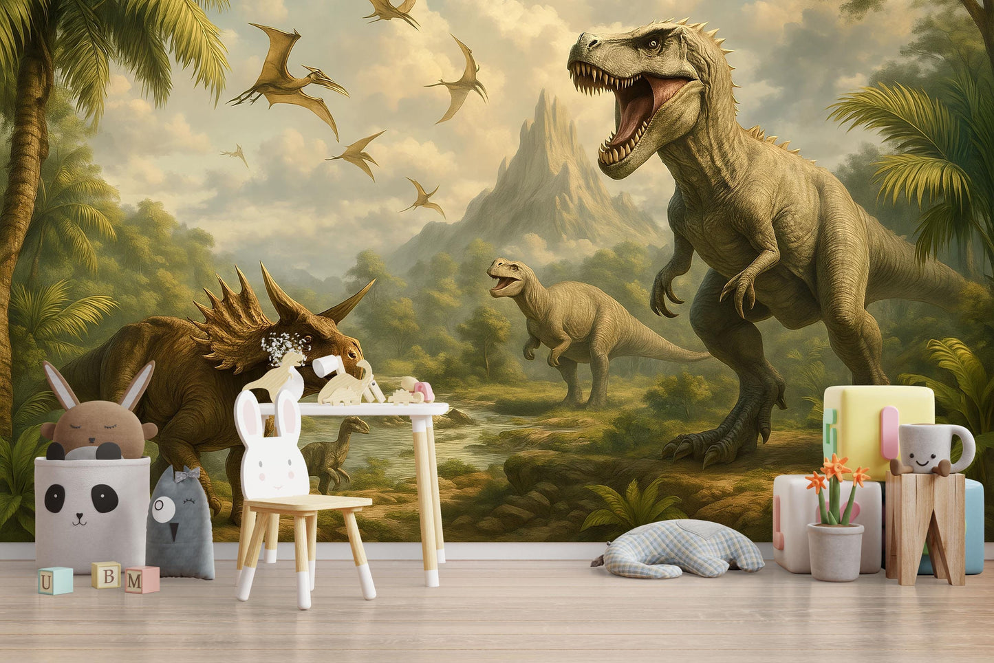 Dinosaur Nursery Wall Mural – T Rex Jungle Wallpaper for Kids Room Vn897