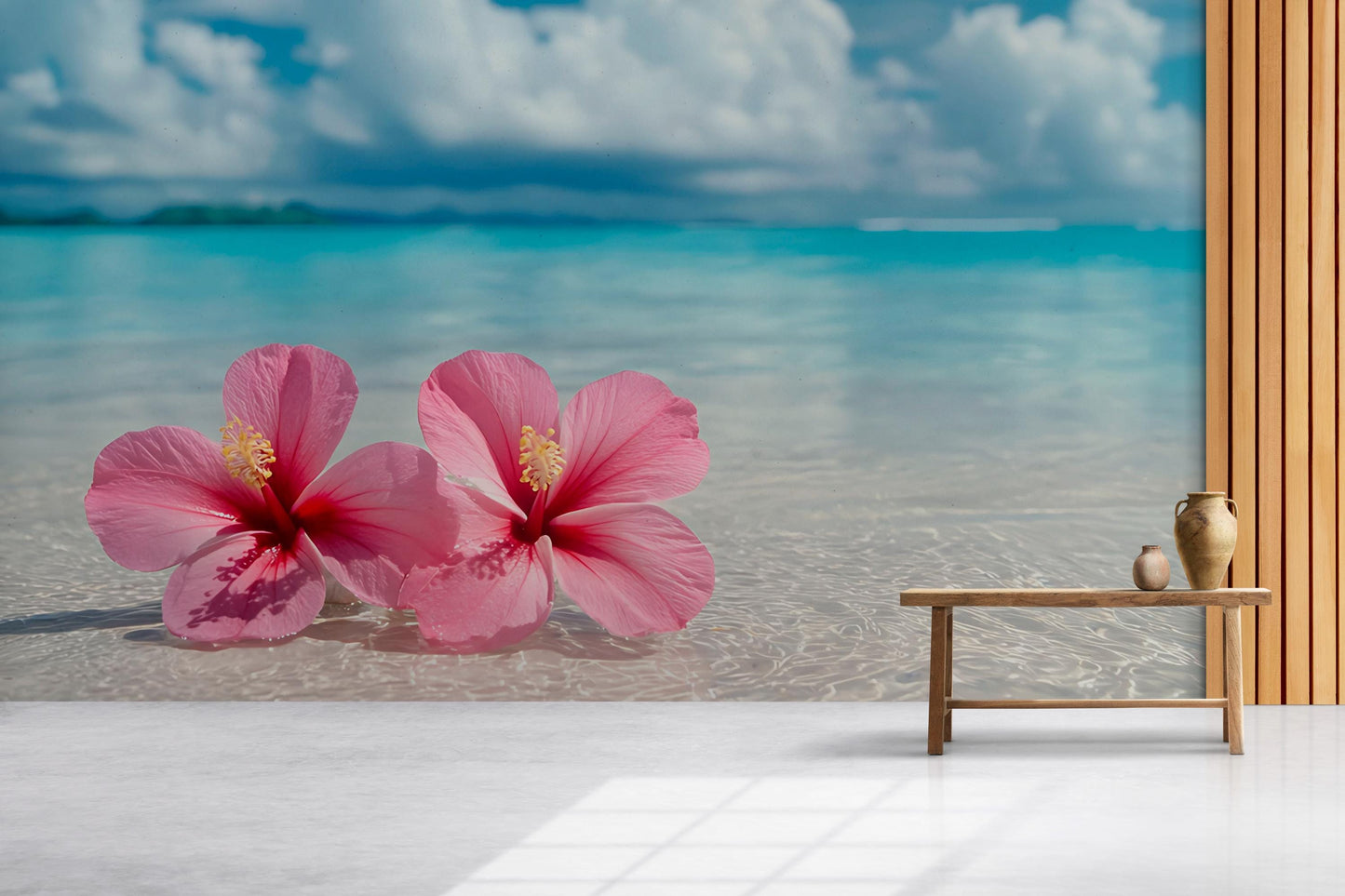 Tropical Beach Wall Mural with Pink Hibiscus Flowers – Ocean View Wallpaper for Living Room or Office Decor Vn649