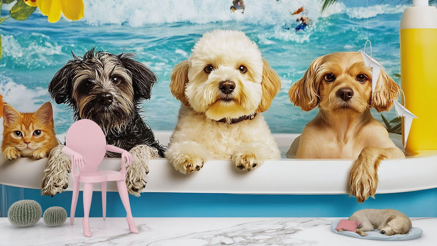 Funny Beach Dogs in Bathtub Wall Art | Cute Dog Cat Bathroom Decor | Surreal Animal Print | Pet Lovers Gift | Coastal Pet Art Print Vn673
