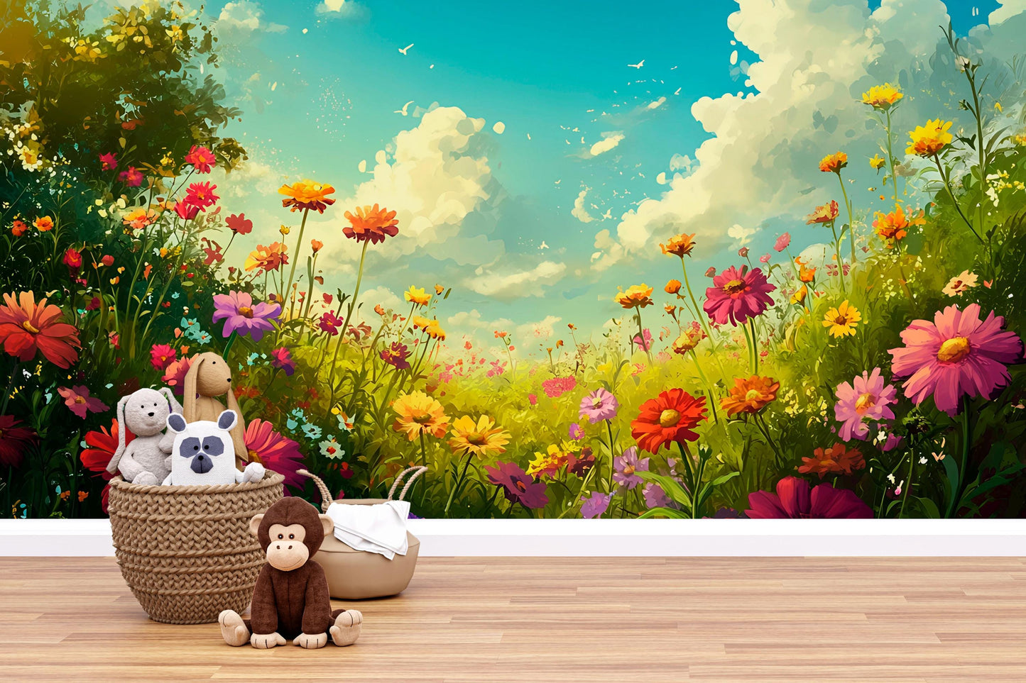 Whimsical Floral Meadow Wall Mural for Kids Room – Vibrant Nature Wallpaper Vn706