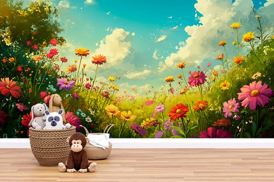 Whimsical Floral Meadow Wall Mural for Kids Room – Vibrant Nature Wallpaper Vn706