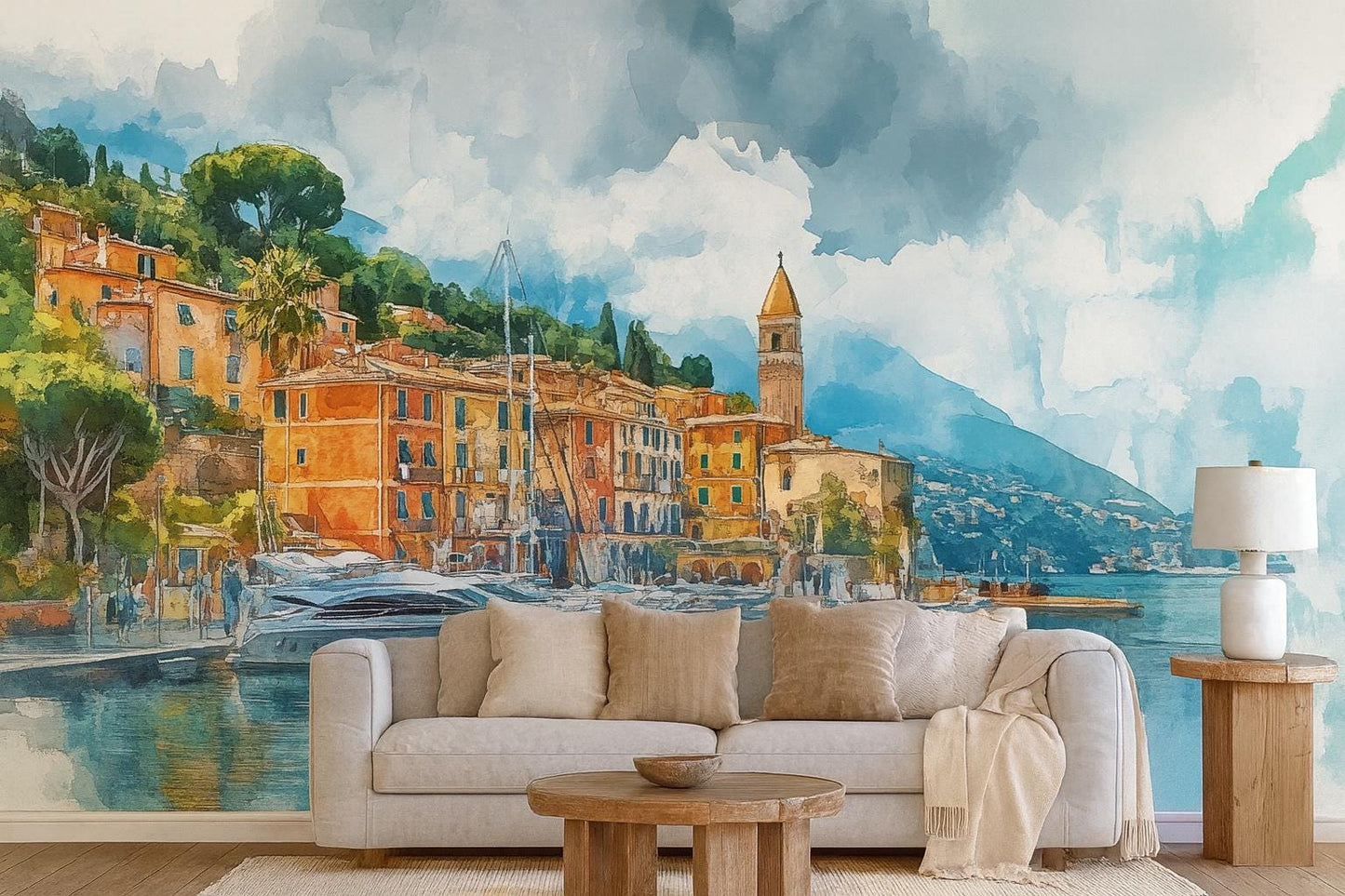 Italian Riviera Wall Mural – Watercolor Mediterranean Coast Wallpaper Vn926