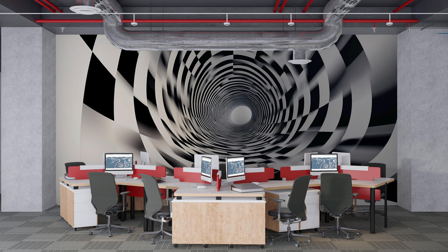 Black and White 3D Tunnel Wall Mural – Optical Illusion Modern Office Wallpaper Vn916