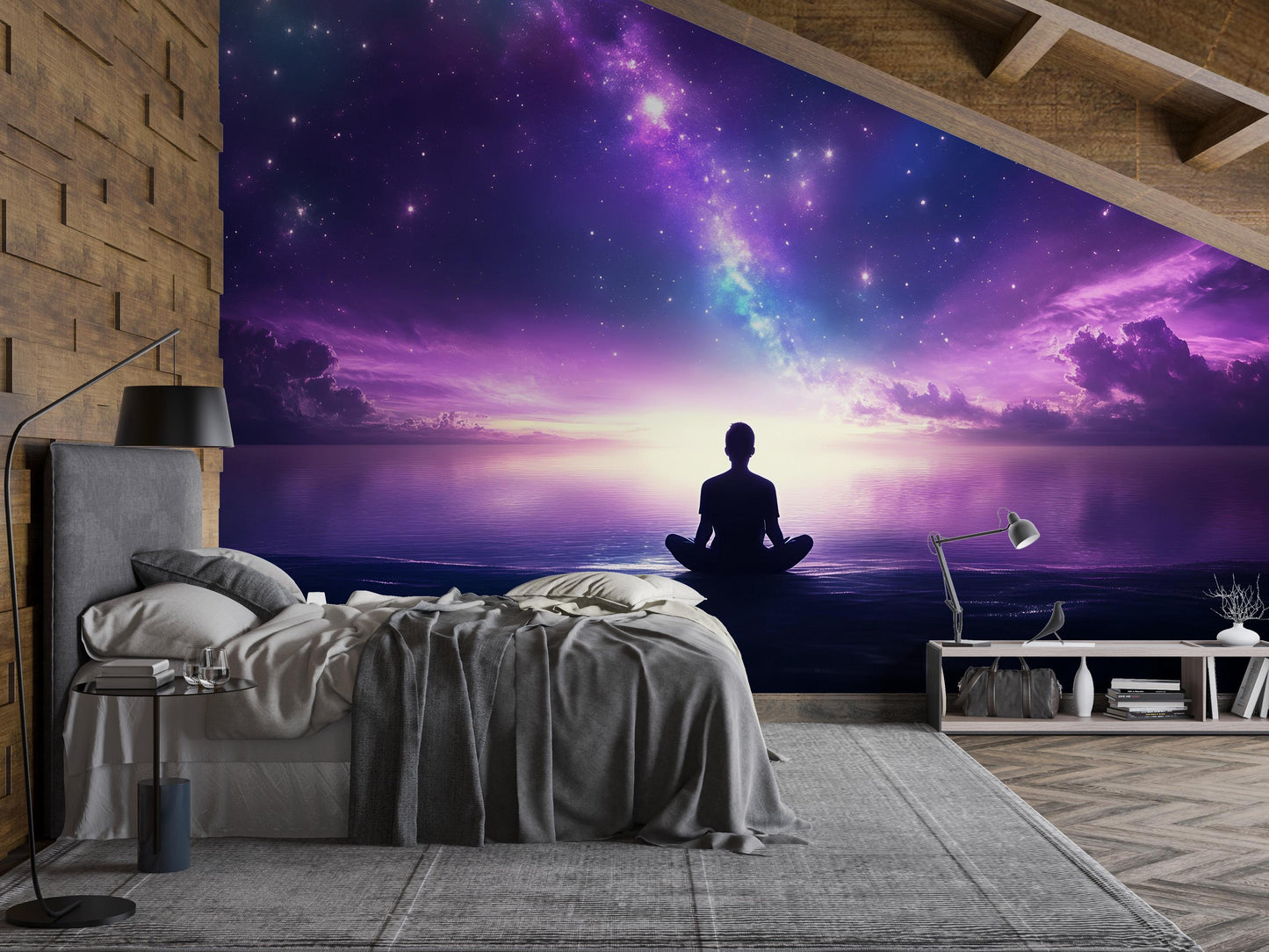 Meditation Galaxy Wall Mural – Purple Cosmic Sunset Sky Tapestry for Bedroom Decor Vn476