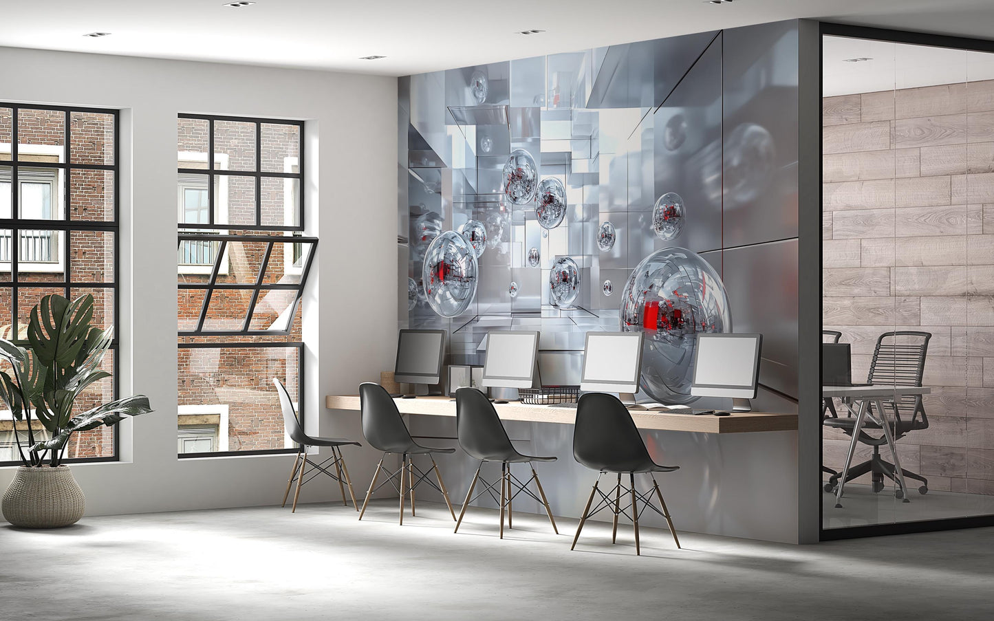 Modern Office Wall Art Mural | Futuristic 3D Abstract Tech Decor | Digital Workspace Aesthetic Vn569