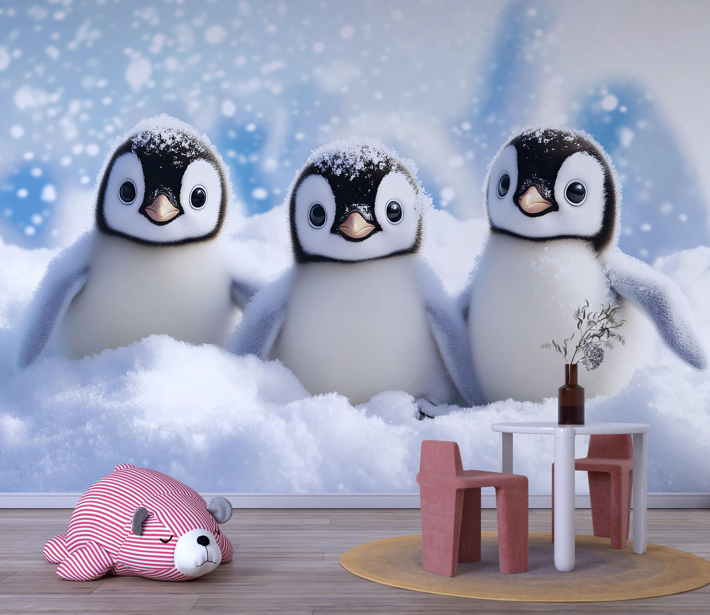 Snowy Baby Penguin Wall Mural – Cute Arctic Animal Nursery Wallpaper – Winter Penguin Kids Room Décor Vn520