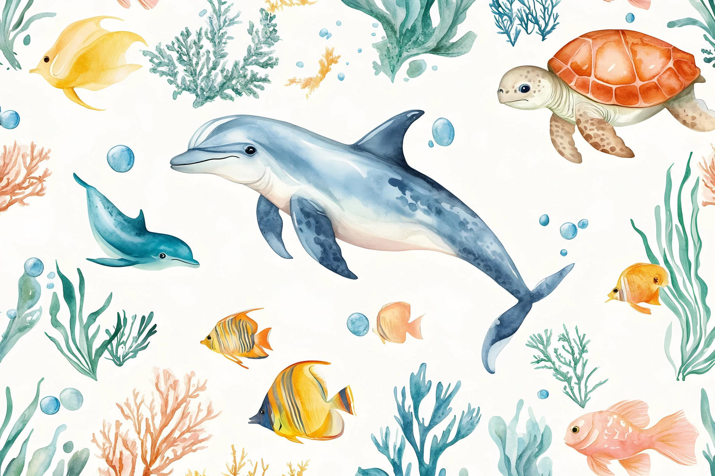 Dolphin Wall Mural – Ocean Nursery Wallpaper with Sea Turtle & Tropical Fish Vn986