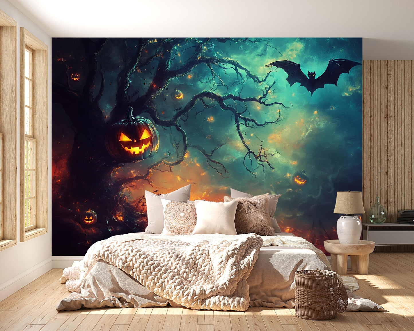 Spooky Jack O’Lantern & Bat Halloween Wall Mural – Haunted Tree Office Décor Vn815