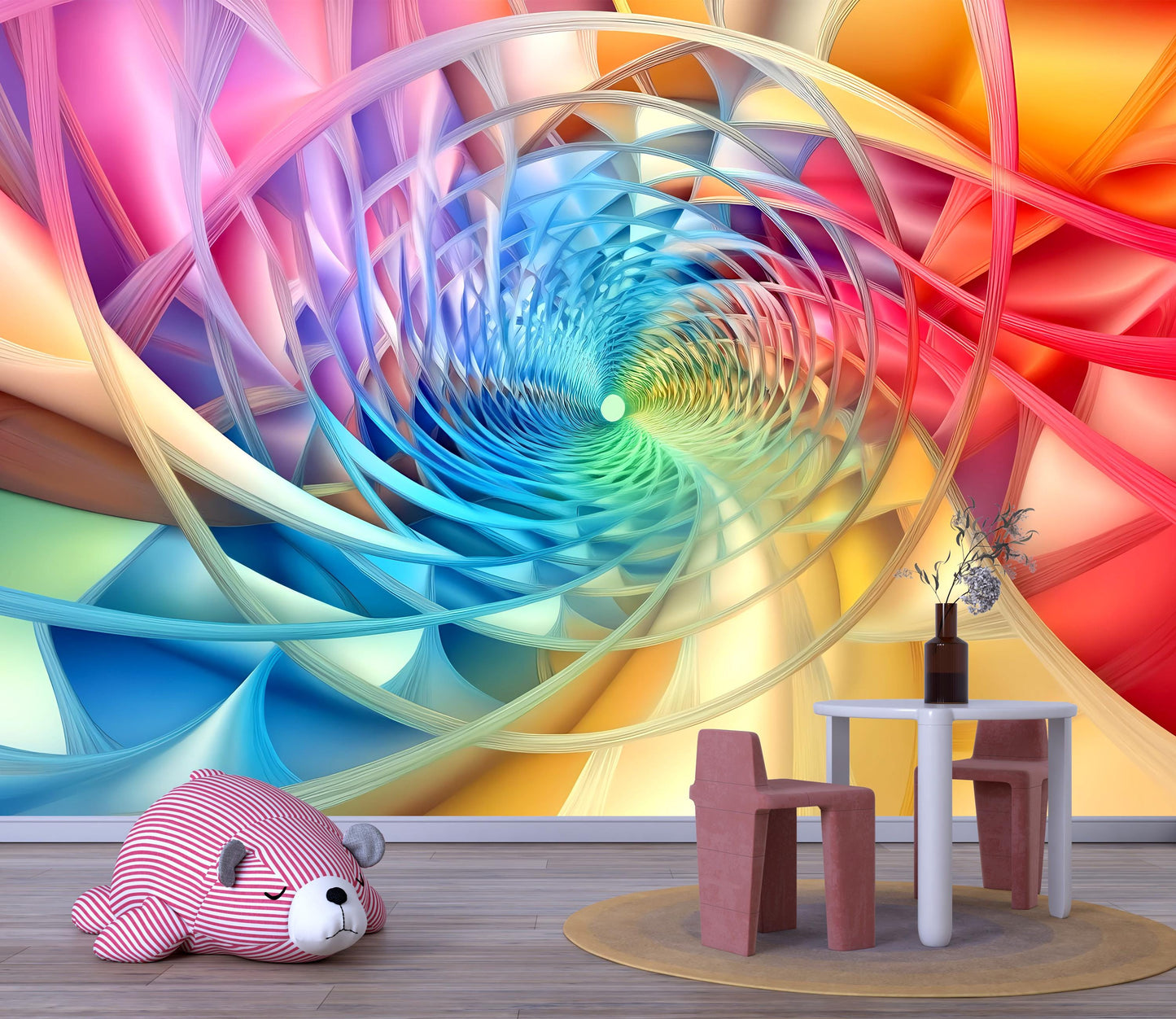 Rainbow Spiral Wall Mural – 3D Optical Illusion Kids Room Wallpaper Vn914