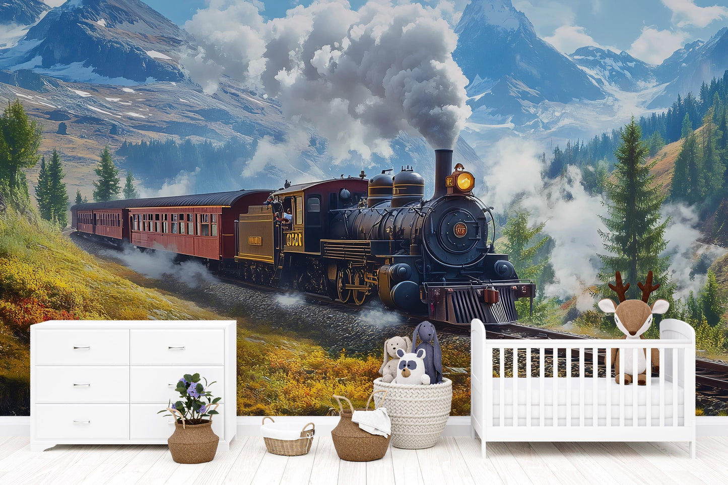 Vintage Steam Train Wall Mural for Kids Room | Mountain Landscape Train Wallpaper | Playroom Decor with Plush Toy & Furniture Vn227