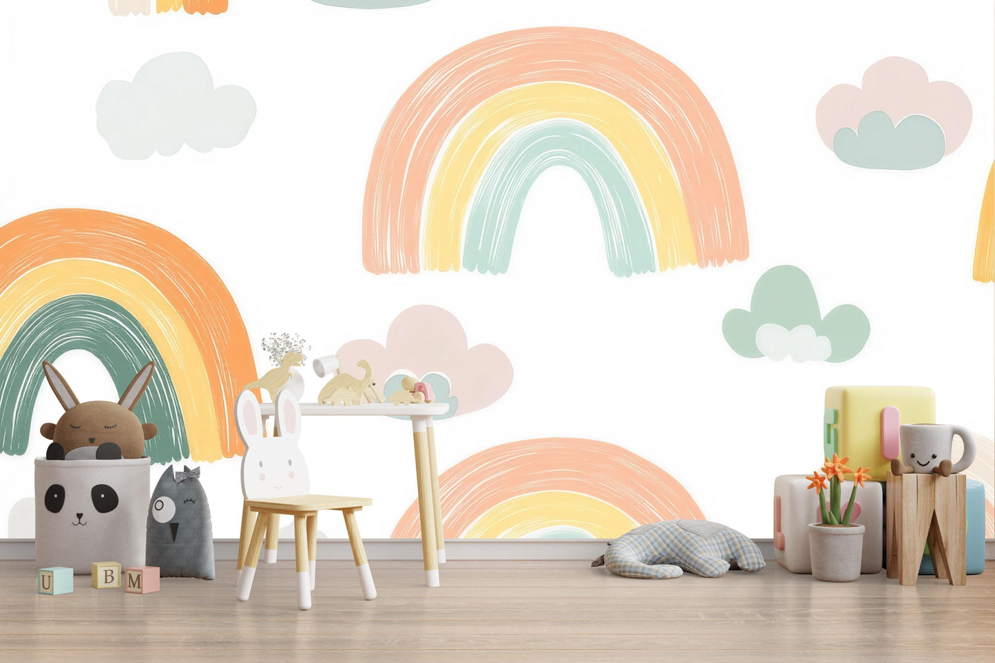 Rainbow Wall Mural – Hand Painted Pastel Clouds Wallpaper for Nursery & Kids Room Vn983