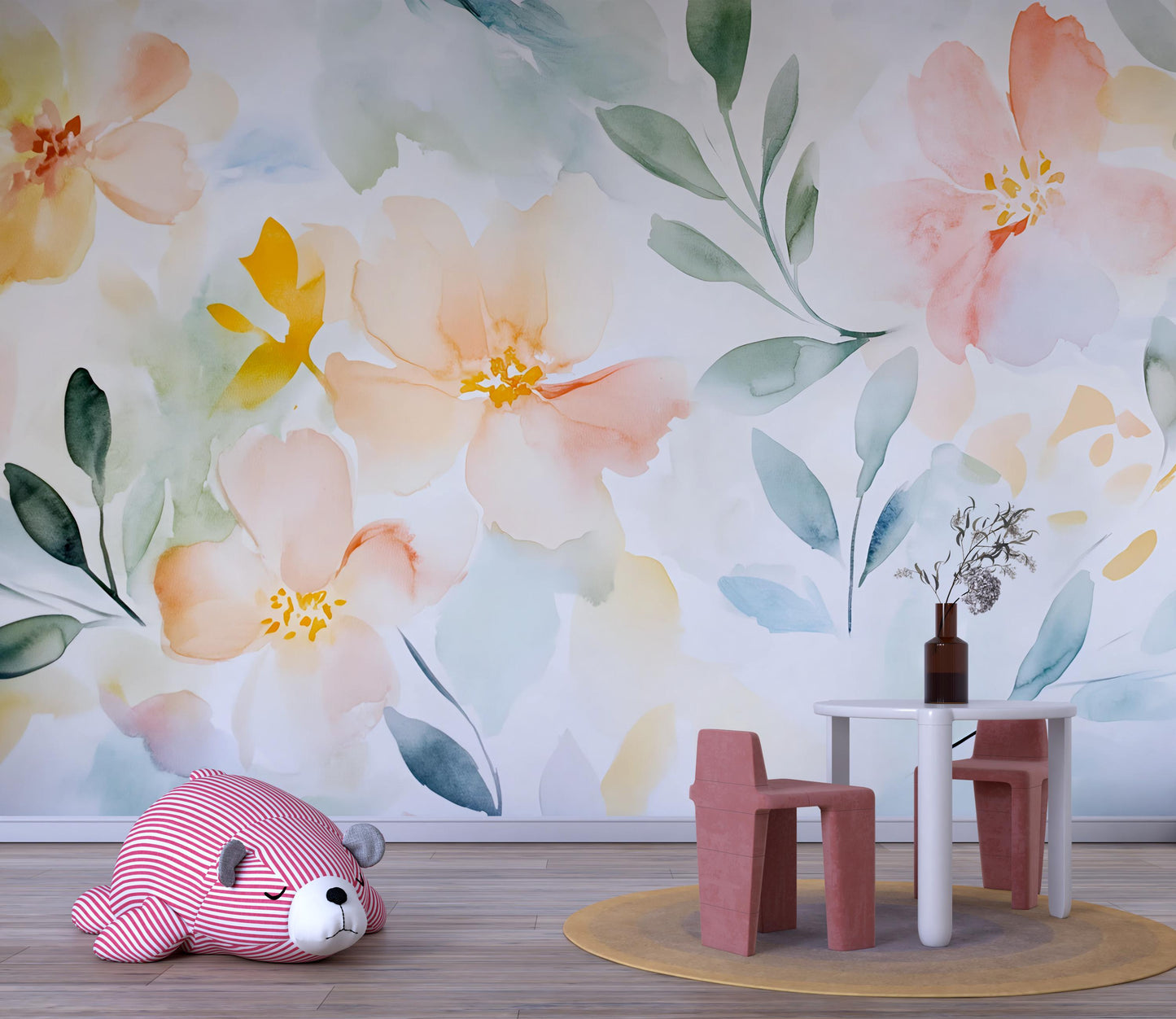 Watercolor Floral Wall Mural for Kids Room – Soft Pastel Flower Wallpaper, Removable Nursery Art Vn559