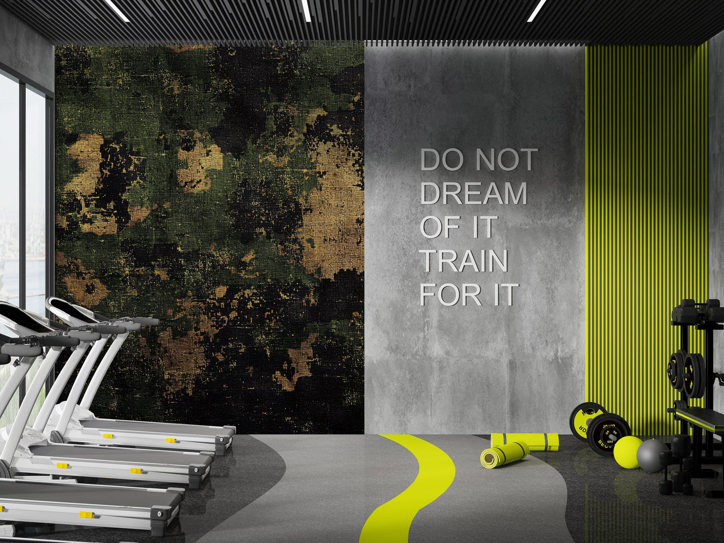 Modern Gym Wall Mural – Industrial Camo & Geometric Pattern, Fitness Center Decor Vn462