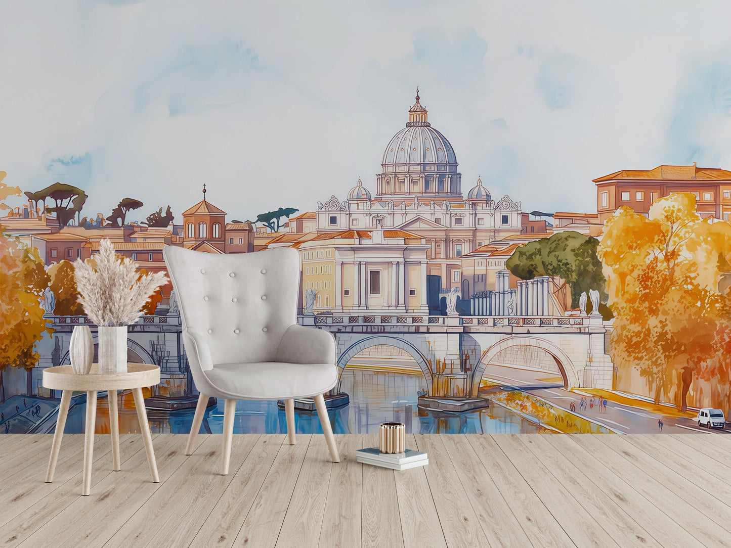 Rome St. Peter’s Basilica Wall Mural – Watercolor Vatican Bridge & River Wallpaper Vn924
