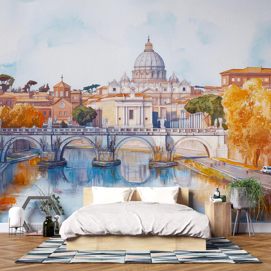 Rome St. Peter’s Basilica Wall Mural – Watercolor Vatican Bridge & River Wallpaper Vn924